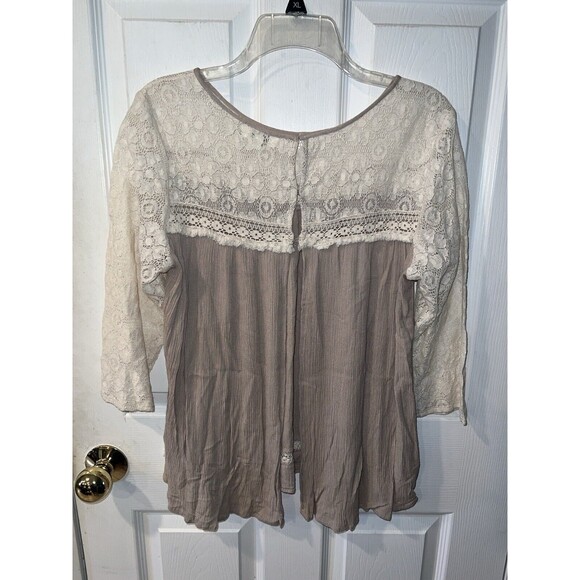 Umgee Top Womens L Lace Accents Fringe Tan Open Back Shirt Boho Blouse peasant - Picture 5 of 10
